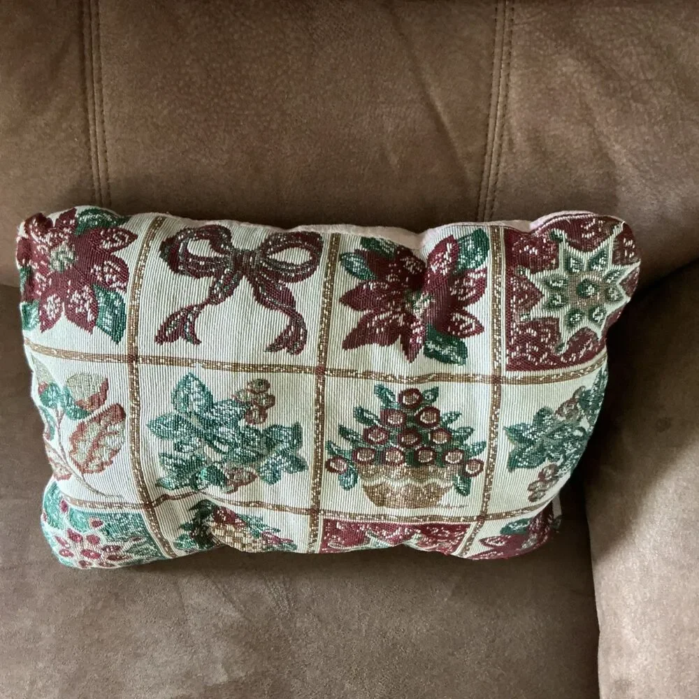 Vintage Christmas Tapestry Accent Pillow Woven Poinsettia Holly Wreath Holiday